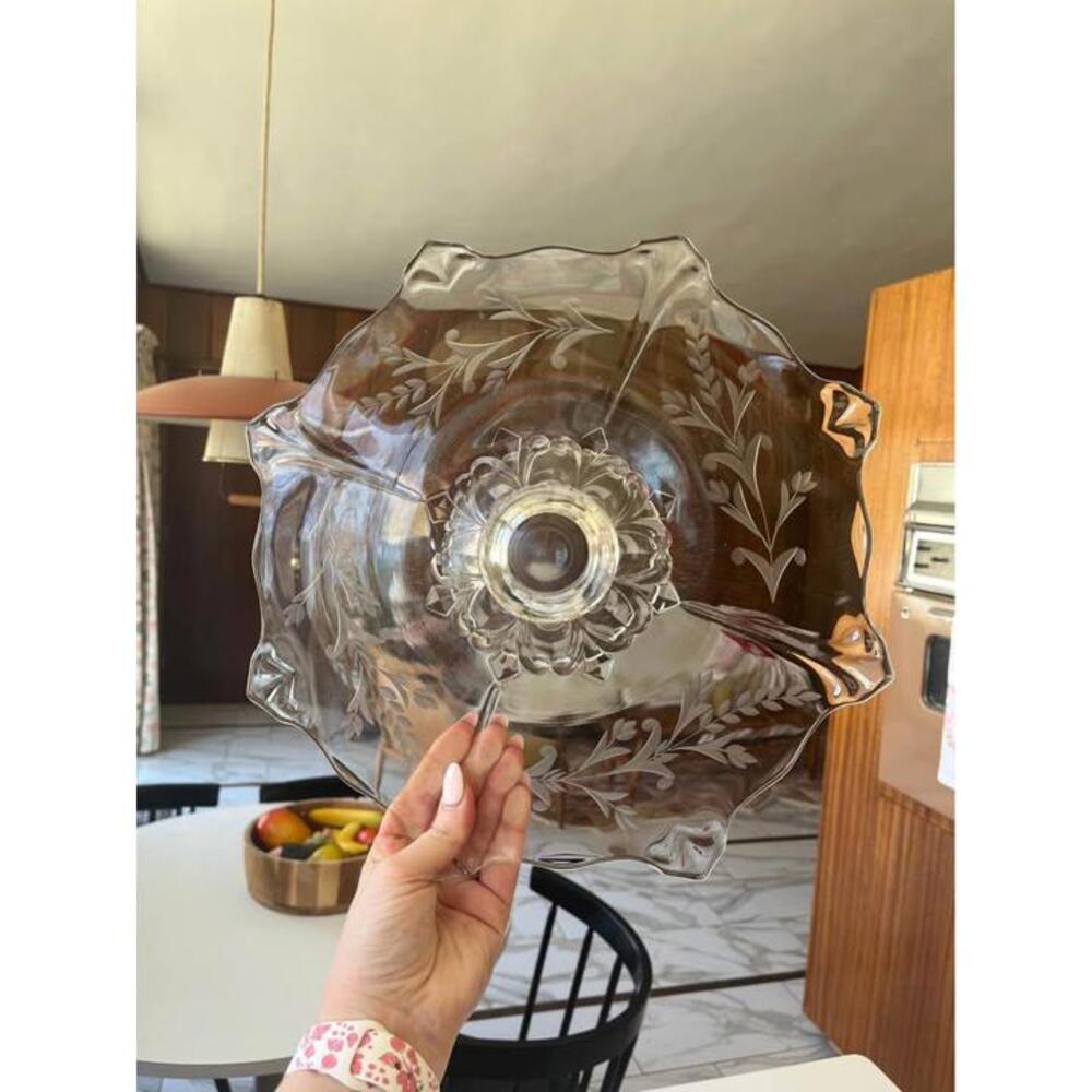 Antique Etched Glass Cake Plate cake display platter Indiana Glass pedestal